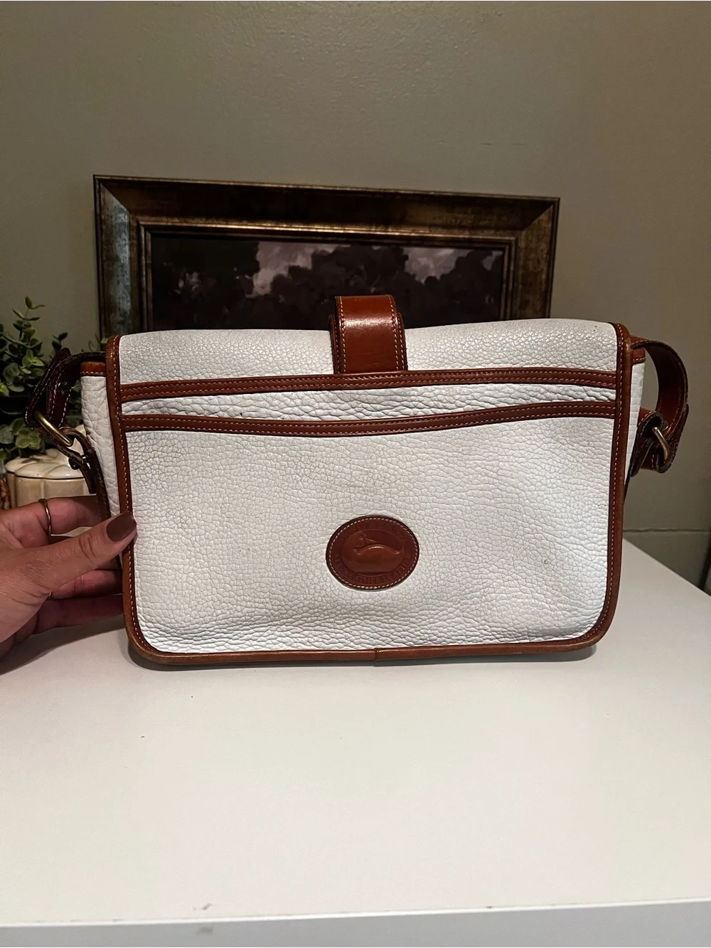 Vintage Dooney and Bourke White and Brown Leather Crossbody Bag